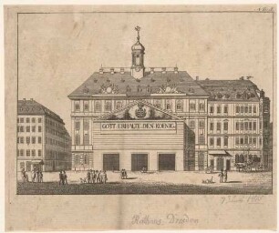 Der Altmarkt mit dem Alten Rathaus in Dresden, anlässlich der Rückkehr Friedrich Augusts aus der Gefangenschaft am 7. Juni 1815, mit Tribüne vor dem Rathaus
