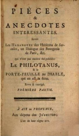 Pièces et anecdotes interessantes, P. 1