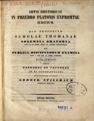Oratio qua ad sacra anniversaria Scholae Thomanae ... celebranda ... invitat, 1851/52