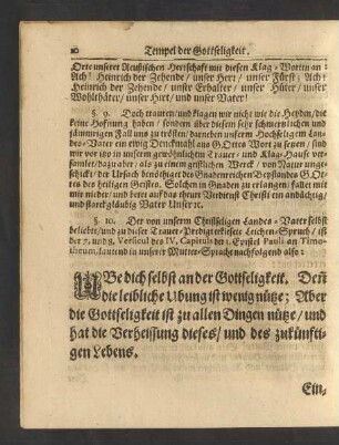 [...]Leichen-Spruch/ ist der 7. und 8. Versicul des IV. Capituls der 1. Epistel Pauli an Timotheum, lautend in unserer Mutter-Sprache nachfolgend also: