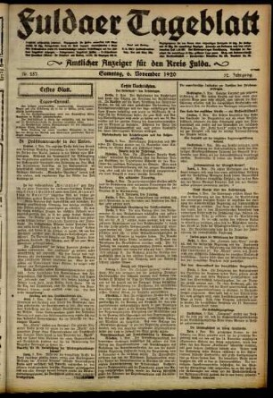 Erste Ausgabe vom Samstag, den 06. November 1920.