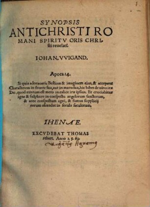 Synopsis Antichristi Romani Spiritv Oris Christi reuelati
