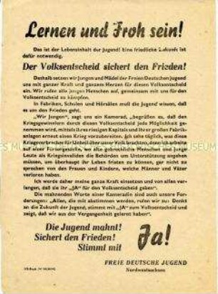 Aufruf der FDJ Nordwestsachsen zur Abstimmung für die Enteignung der Betriebe von Nazi- und Kriegsverbrechern beim Volksentscheid 1946