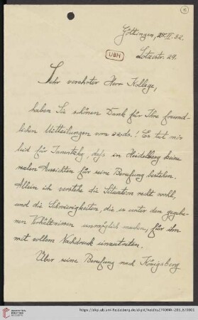 Korrespondenz Rudolf Unger / Heinrich Rickert: Brief von Rudolf Unger an Heinrich Rickert