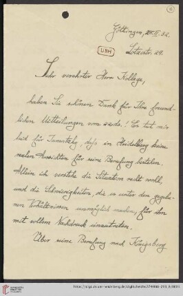 Korrespondenz Rudolf Unger / Heinrich Rickert: Brief von Rudolf Unger an Heinrich Rickert