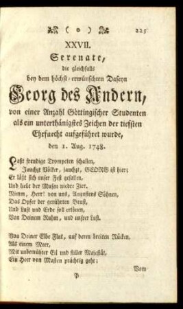 XXVII. Serenate, die gleichfalls bey dem höchst-erwünschten Daseyen Georg des Andern, ...