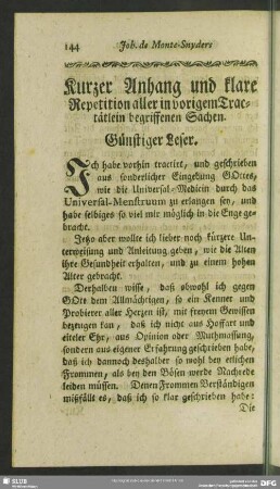 Kurzer Anhang und klare Repetition aller in vorigem Tractätlein begriffenen Sachen