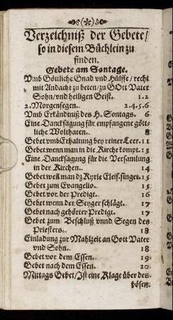 Verzeichniß der Gebete/ so in diesem Büchlein zu finden.
