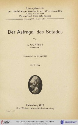 1923, 4. Abhandlung: Sitzungsberichte der Heidelberger Akademie der Wissenschaften, Philosophisch-Historische Klasse: Der Astragal des Sotades