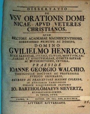 Dissertatio de usu orationis dominicae apud veteres Christianos
