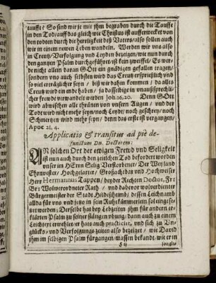Applicatio & transitus ad pie defunctum Dn. Doctorem.