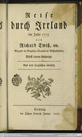 Reise durch Irrland im Jahr 1775 : Nebst einem Anhange