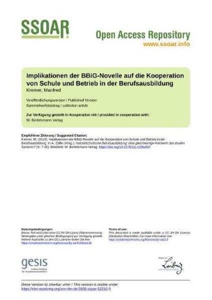 Implikationen der BBiG-Novelle auf die Kooperation von Schule und Betrieb in der Berufsausbildung