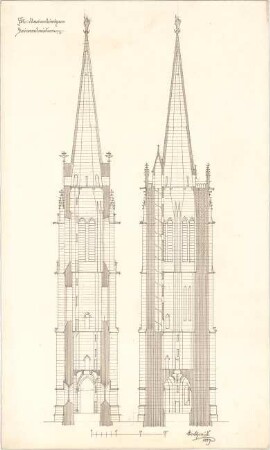 Schmidt, Heinrich von; Kaiserslautern; Marienkirche - Kirchturm (Schnitte)