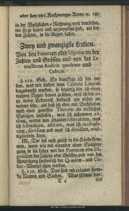 Zwey und zwanzigste Lection. Von den Potenzen oder Dignitaeten der Zahlen und Grössen und von der Extractionae Radicis quadratae und Cubicae