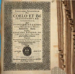 Assertiones Philosophicae De Coelo Et Impressionibvs Meteorologicis