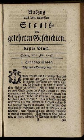 Erstes Stück. Coburg, den 1. Jan. 1748.