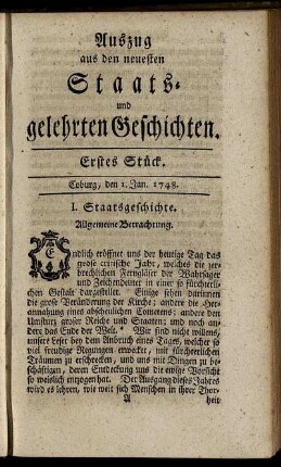 Erstes Stück. Coburg, den 1. Jan. 1748.