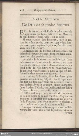 XVII. Section. De l´Art de se rendre heureux