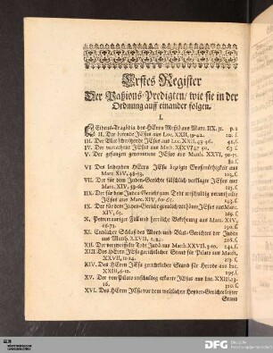 Erstes Register der Paßions-Predigten / wie sie in der Ordnung auff einander folgen
