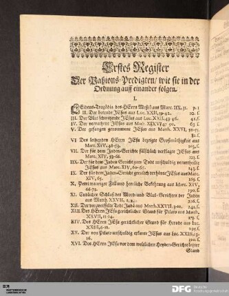 Erstes Register der Paßions-Predigten / wie sie in der Ordnung auff einander folgen