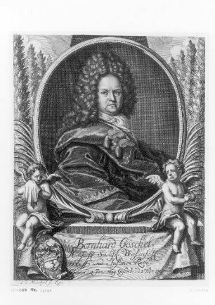 Mentzel, Johann Georg (Stecher): Bildnis des Weißenfelser Justizrates Bernhard Göschel. Kupferstich; 19,5 x 15,4 cm. Dresden: Kupferstich-Kabinett A 138882 in A,2 (INT XV-XIX, Bildnisse, G II), Singer 33097
