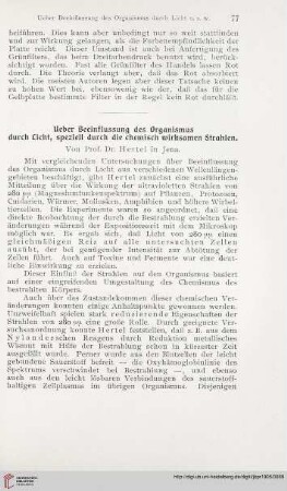 19: Ueber Beeinflussung des Organismus durch Licht, speziell durch die chemisch wirksamen Strahlen