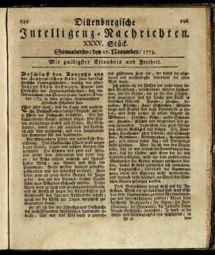 XXXV. Stück. Sonnabends: den 27. November / 1773.