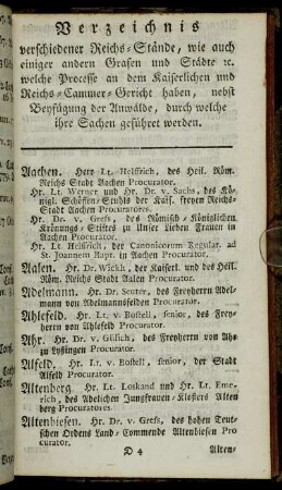 Verzeichnis verschiedener Reichs-Stände, wie auch einiger andern Grafen und Städte etc., welche Processe...haben, nebst Beyfügung der Anwälde,...