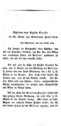 Schreiben vom Capitän Clarke an Se. Excell. den Gouverneur Harrison.