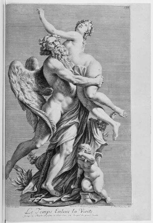 Preißler, Georg Martin (Hersteller) nach Balestra, Pietro (Bildhauer): Le Temps enleue la Verite, Abb. 199. Kupferstich; 505 x 310 mm (Plattenrand). Aus: Leplat, Raymond: Recueil des marbes antiques qui se trouvent dans la Galerie du Roy de Pologne à Dresden avec privilege du roy, l'année 1733. Dresden: Stössel, 1733. Dresden: SLUB 31.gr.2.1