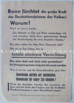 Propagandaflugblatt der Agit.-Prop.-Komm. der SED Kreisleitung Gera mit einem Aufruf für den Deutschlandplan des Volkes