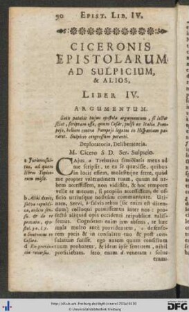 Ciceronis Epistolarum Ad Sulpicium, Et Alios, Liber IV.