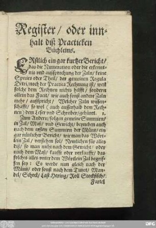 Register/ oder innhalt diß Practicken Büchleins.