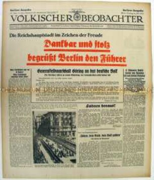 Tageszeitung "Völkischer Beobachter" u.a. zum Empfang Hitlers in Berlin nach dem Staatsbesuch in Italien, mit Beilage "Berliner Beobachter"