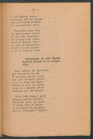 Dedicatoria al niño Emilio Antonio Ferrari en su cumpleaños