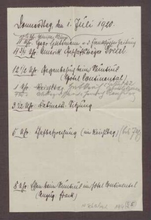 Tagesablauf des Reichskanzlers Constantin Fehrenbach vom 01.07.1920