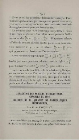 Agrégation des sciences mathématiques. Concours de 1898. Solution de la question de mathématiques élémentaires.