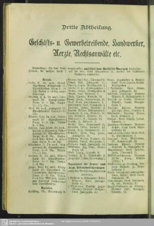 Dritte Abteilung. Berufsklassen und Gewerbebetriebe : Dritte. Abtheilung. C. Geschäfts- und Gewerbetreibende, Handwerker, Aerzte, Rechtsanwälte etc.