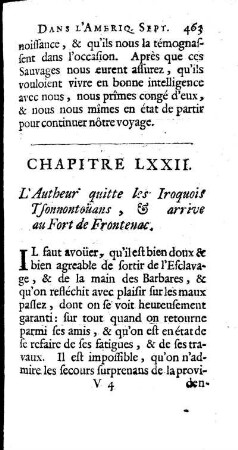 L`Autheur quitte les Iroquois Tsonnontouäns, ] arrivé au Fort Frontenac.