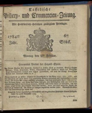 6tes Stueck, Montag den 9ten Februar. 1784