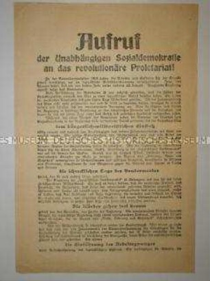 Propagandaflugblatt der USPD mit dem Aufruf zur Weiterführung der Revolution