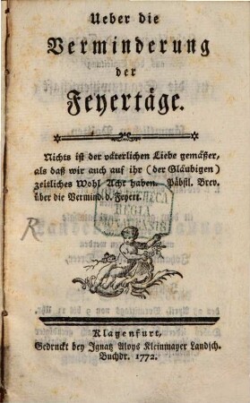 Ueber die Verminderung der Feyertäge