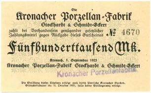 Geldschein / Notgeld, 500.000 Mark, 1.9.1923
