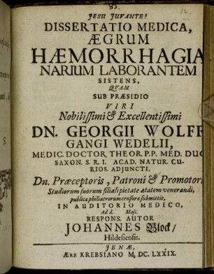 Dissertatio Medica, Aegrum Haemorrhagia Narium Laborantem Sistens