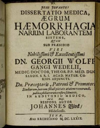 Dissertatio Medica, Aegrum Haemorrhagia Narium Laborantem Sistens