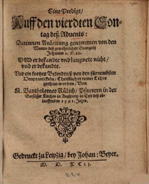 Eine Predigt auff den vierdten Sontag deß Advents : ...zu End deß ablauffenden 1591 Jahrs