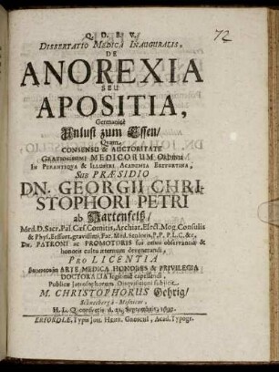 Dissertatio Medica Inauguralis, De Anorexia Seu Apositia, Germanice Unlust zum Essen