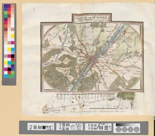 Reise Atlas von Bajern oder Geographisch-geometrische Darstellung aller bajrischen Haupt- und Landstraßen mit den daranliegenden Ortschaften und Gegenden : nebst Kurzer Beschreibungen alles dessen, was auf und an einer jeden der gezeichneten Straßen für den Reisenden merkwürdig seyn kann. [Gewidmet] Joseph August Grafen von Toerring. 2, Gegend um München