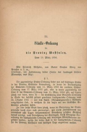 III. Städte-Ordnung für die Provinz Westfalen